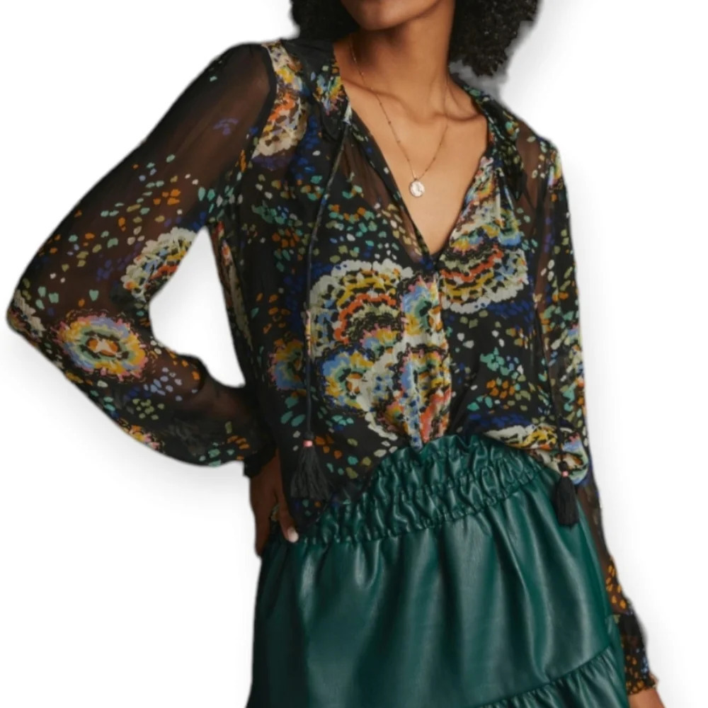 By Anthropologie Semi Sheer Pleated Peasant Blouse Black Floral Button Front XS